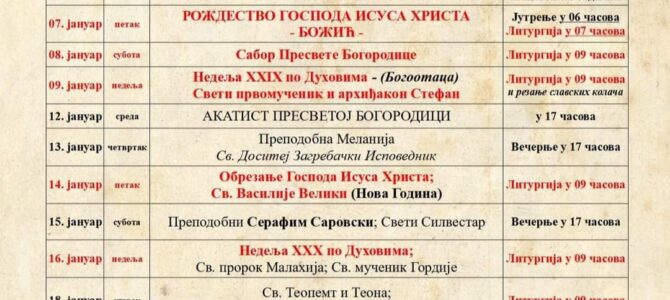 Распоред богослужења у храму Светог Василија Острошког у Беочину